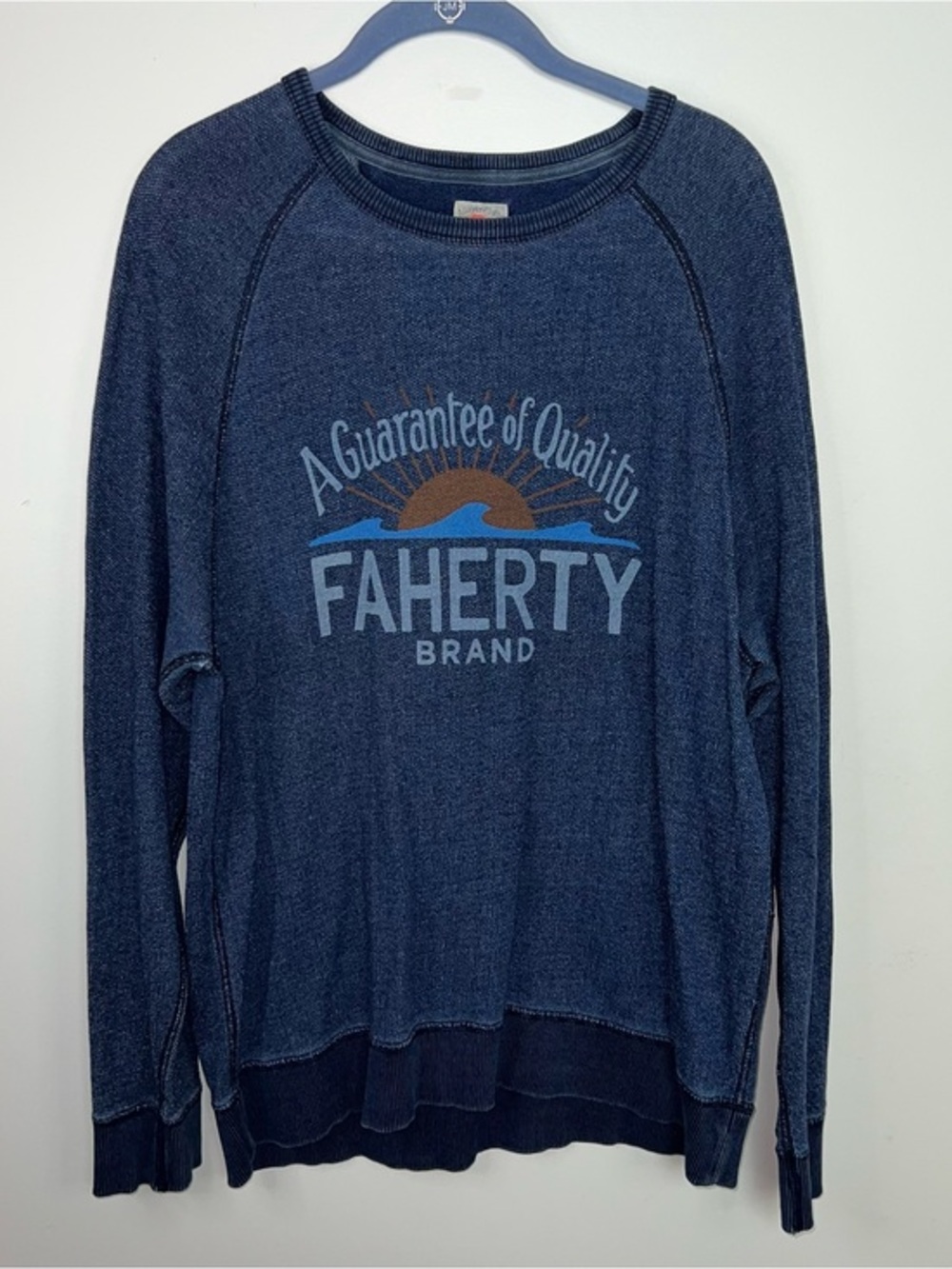 Faherty Brand Indigo Blue Graphic Crewneck Sweatshirt Large Coastal Surf